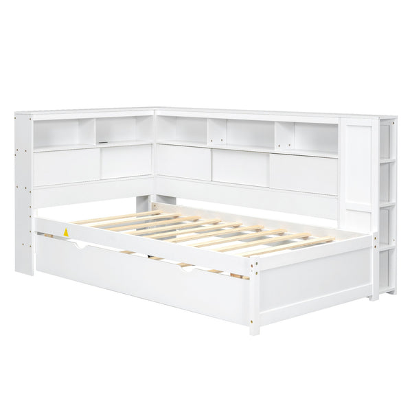 English Elm Twin Daybed with Built-In Shelves, USB Port & Trundle — Solid Pine Frame, Sturdy Storage and Smooth Wheels for Space-Saving Sleep Solutions White GX000467AAK