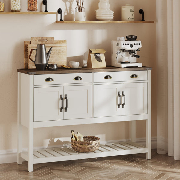 English Elm 47'' Modern Farmhouse Console Storage Table with Two Drawers Four-Door Cabinet and Slatted Shelf for Entryway Living Room Organization and Display Brown,Soft White T3771P372058