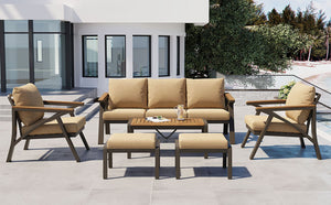 English Elm 6-piece Outdoor Conversation Set with Acacia Wood Accents and Steel Frame Patio Seating Brown N704G201256D
