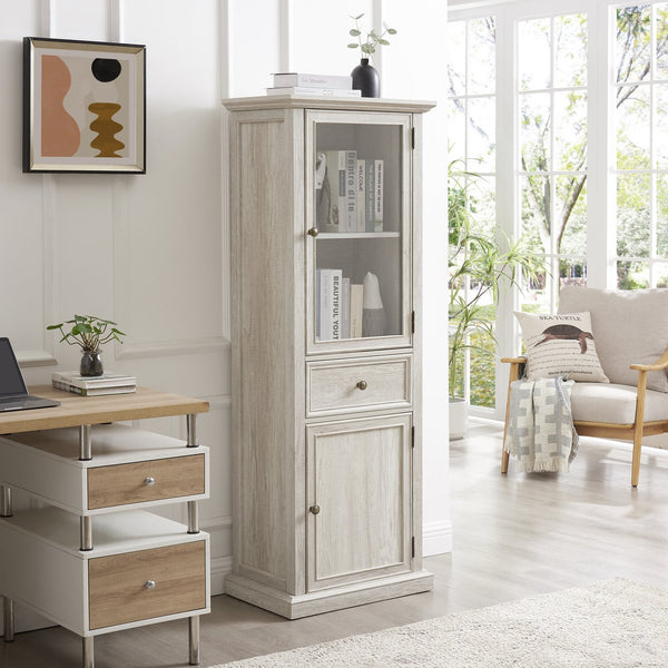 English Elm Tall Storage Cabinet with Glass Door & Drawer — Slim White Sideboard for Living Room, Kitchen, Office W2275P394346