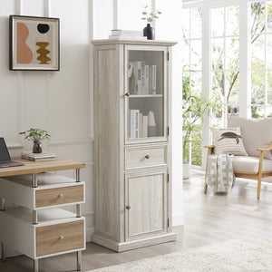 English Elm Tall Glass Storage Cabinet with Classic Farmhouse Design, Ample Shelves, Drawer & Smooth Finish White W2275P206604