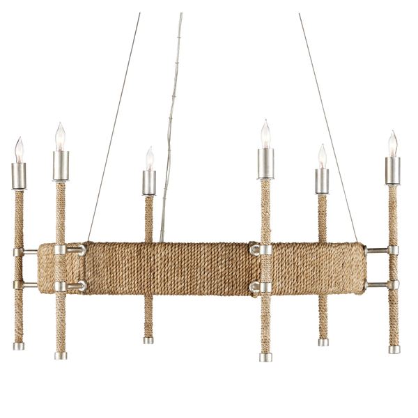 Monzie Chandelier - Contemporary Silver Leaf Design with Warm Rope Accents, Adjustable Height Fixture