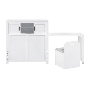 English Elm Gray Twin Platform Bed with Bookcase Headboard Hidden Desk Stool and Footboard Bench White B011S02324