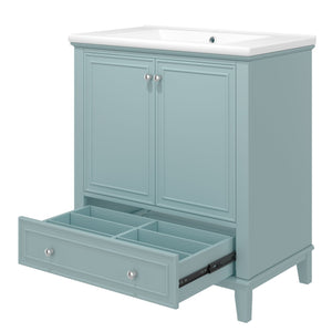 English Elm 30" Bathroom Vanity with Sink — Modern Freestanding 30" Cabinet with Ceramic Top, Drawer, Doors, Shelf Green N725P221263C