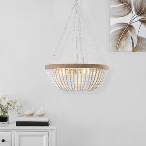 English Elm 22" Bohemian Wood Beaded Pendant Chandelier White+Oak — Soft Ambient Lighting, Durable Iron Craftsmanship W1340P177244
