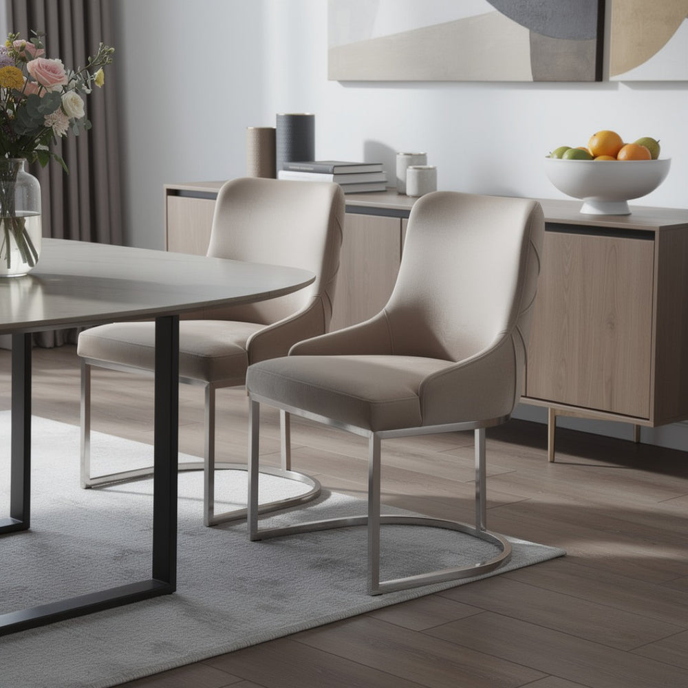 HomeRoots Set of Two Elegant Tufted Beige Velvet Dining Chairs with Silver Frame for Modern Interiors 488008