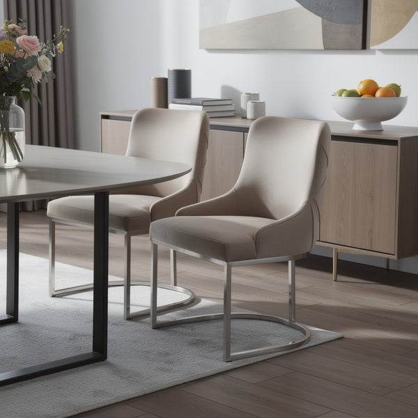 HomeRoots Set of Two Elegant Tufted Beige Velvet Dining Chairs with Silver Frame for Modern Interiors 488008