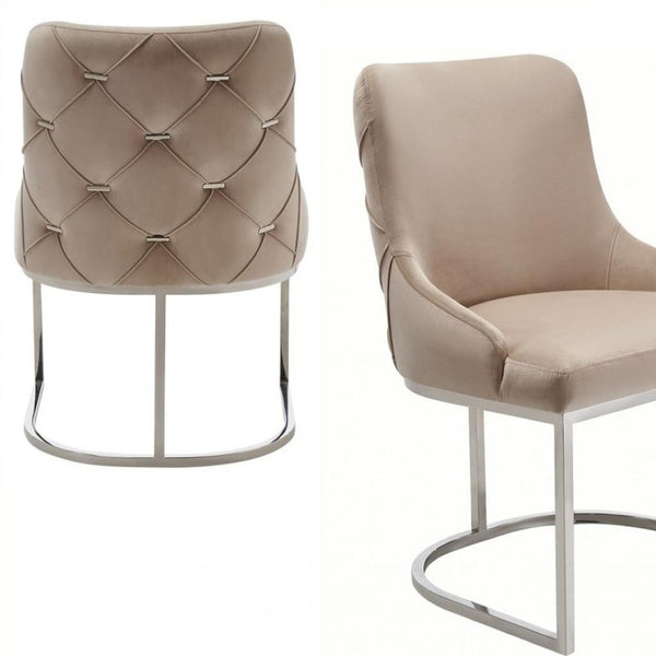 HomeRoots Set of Two Elegant Tufted Beige Velvet Dining Chairs with Silver Frame for Modern Interiors 488008