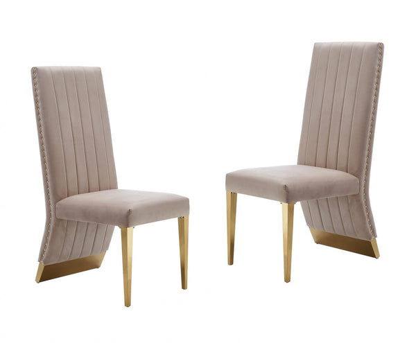 Homeroots Set Of Two Tufted Beige And Gold Upholstered Velvet Dining Side Chairs   488010