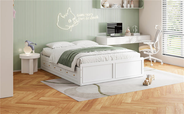 English Elm Wood Queen Platform Bed Solid Pine Frame Six Storage Drawers No Box Spring Needed White N709P241723K-1