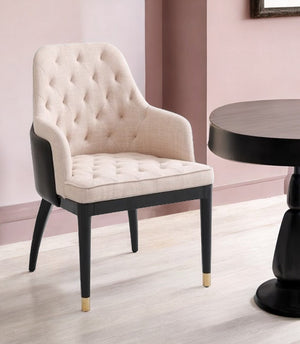Homeroots Tufted Beige And Black Upholstered Fabric Dining Arm Chair  Wood 488011