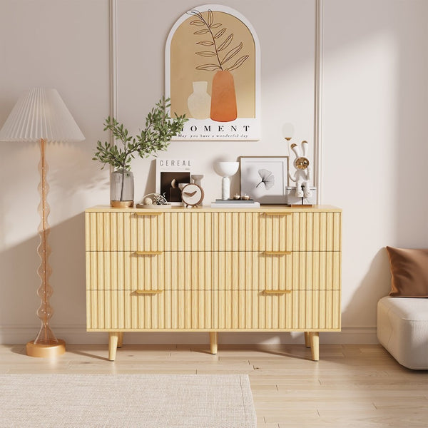 English Elm 6 Drawer Fluted Wood Dresser Natural Finish Compact Chest for Nursery or Bedroom T3773P415651