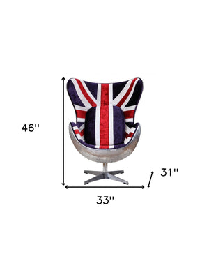 Homeroots 33" Red White And Blue And Silver Fabric Great Britain Flag Swivel Balloon Chair   488097