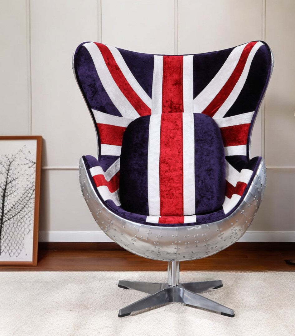 Homeroots 33" Red White And Blue And Silver Fabric Great Britain Flag Swivel Balloon Chair   488097