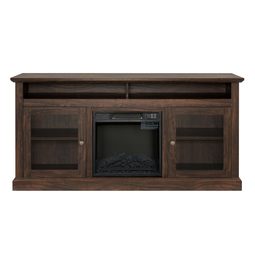 English Elm Contemporary TV Media Stand with 18" Electric Fireplace Insert, 65" TV Capacity, Brown, Ample Storage W2275S00043