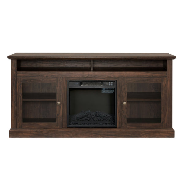 English Elm Contemporary TV Media Stand with 18" Electric Fireplace Insert, 65" TV Capacity, Brown, Ample Storage W2275S00043