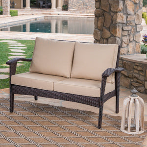 English Elm Christopher Knight Home® - HONOLULU Loveseat Brown-Tan PE Rattan Outdoor Sofa with Water-Repellent Cushions, Sturdy Iron Frame 52919.00IRNBRN