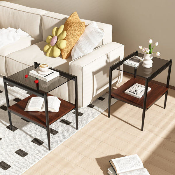 English Elm Coffee Table Set Of 3 With Gray Tempered Glass Top, Stylish Mdf Shelf & Iron Legs For Modern Living W241S00047