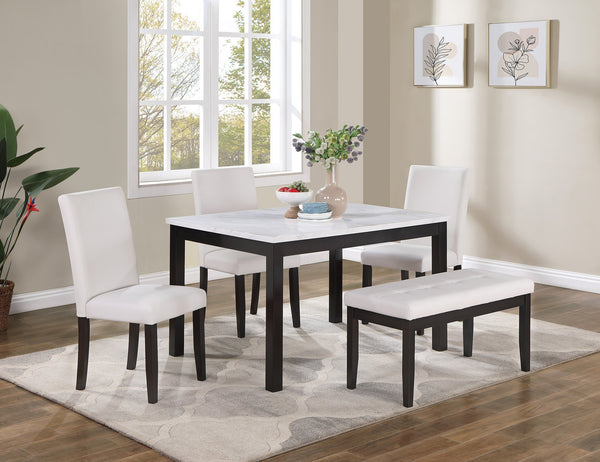 English Elm 5 5-Piece Dining Set with Faux Marble Top, White Two-Tone Finish, Upholstered Chairs & Bench — Elegant Comfort for Small Spaces B089P390144