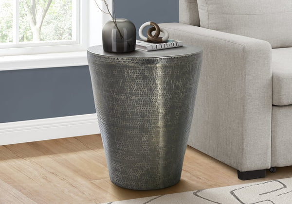 English Elm Accent Drum End Table with Hammered Metal Finish — 22" Handcrafted Cone Shape for Chic Living Spaces Silver 23 L x 23 W x 26 H B2710P219456