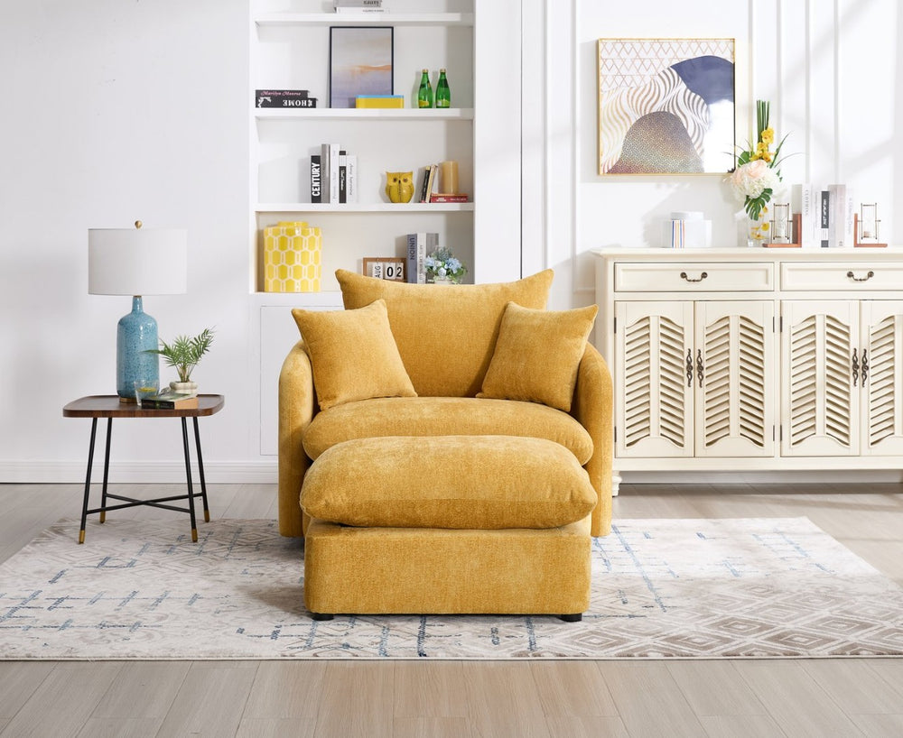 English Elm 360° 360 Swivel Oversized Chenille Armchair with Pocket Spring Seat and Three Throw Pillows Yellow W1361S00048