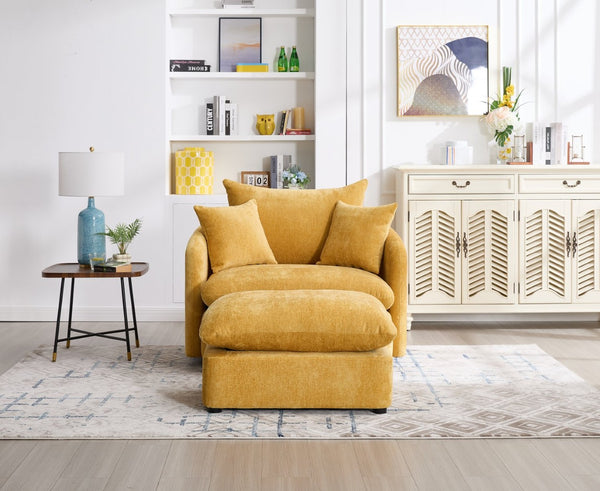 English Elm 360° 360 Swivel Oversized Chenille Armchair with Pocket Spring Seat and Three Throw Pillows Yellow W1361S00048