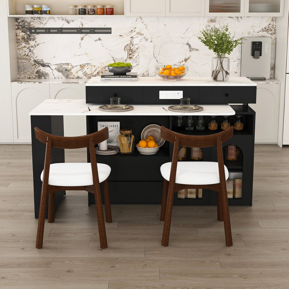 English Elm Kitchen Island Dining Set Marble Veneer Rotating Top Solid Wood Chairs Retro Modern White W2700S00120