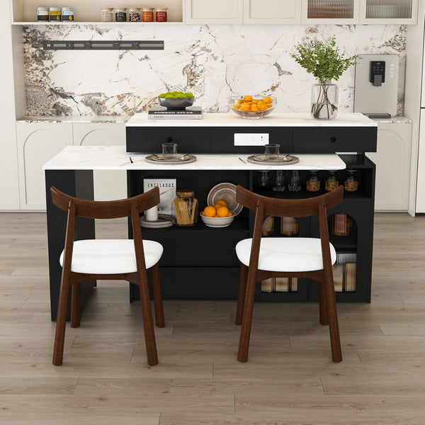 English Elm Kitchen Island Dining Set Marble Veneer Rotating Top Solid Wood Chairs Retro Modern White W2700S00120