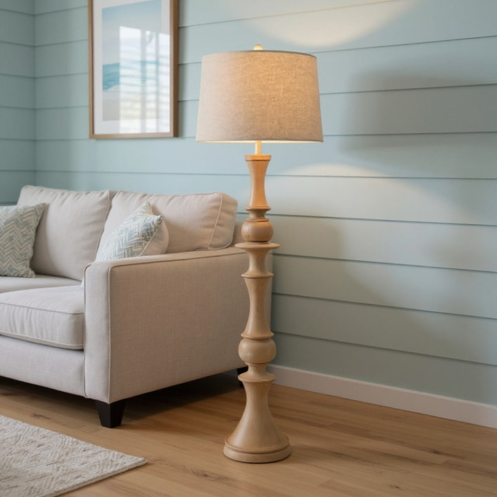 HomeRoots 63" Sculpted Stick Floor Lamp with Beige Burlap Shade – Elegant Warmth for Modern & Coastal Spaces 488338