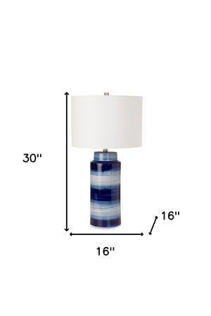 HomeRoots Set of Two 30" Coastal Blue and White Ceramic Table Lamps with Elegant White Drum Shade Design 488341