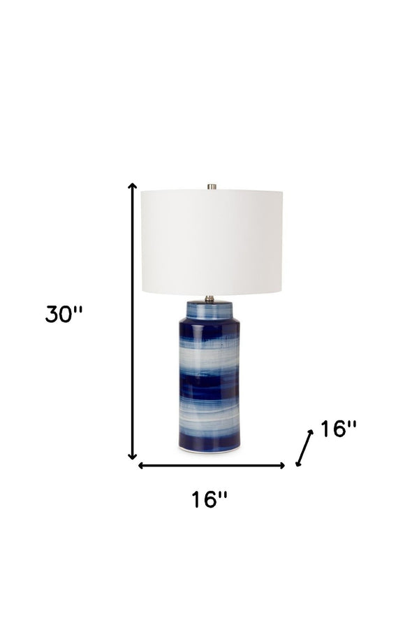 HomeRoots Set of Two 30" Coastal Blue and White Ceramic Table Lamps with Elegant White Drum Shade Design 488341