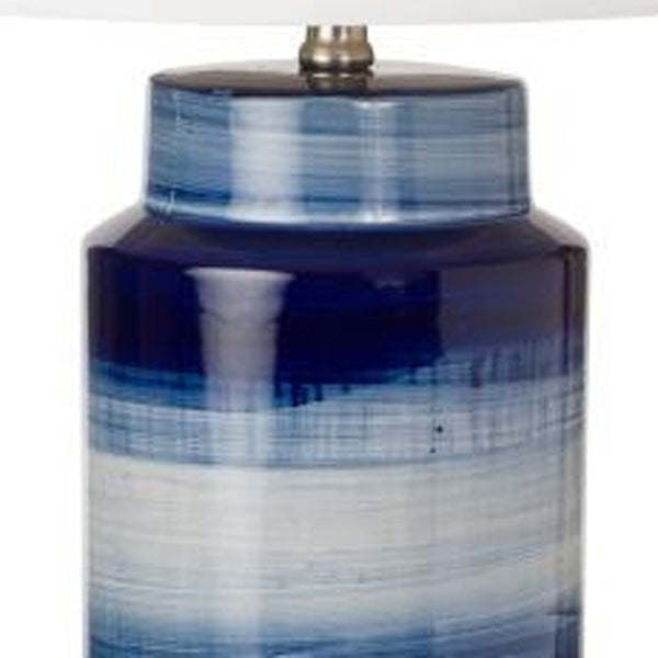 HomeRoots Set of Two 30" Coastal Blue and White Ceramic Table Lamps with Elegant White Drum Shade Design 488341