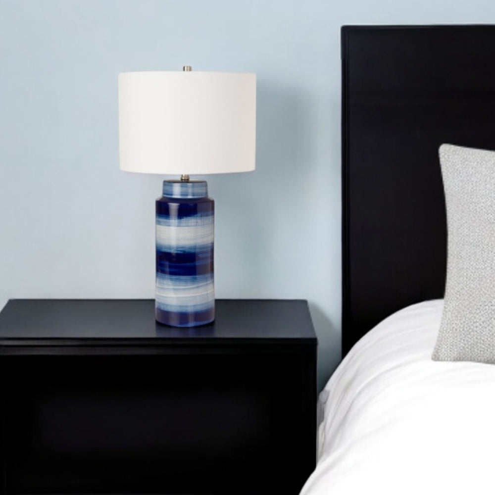 HomeRoots Set of Two 30" Coastal Blue and White Ceramic Table Lamps with Elegant White Drum Shade Design 488341
