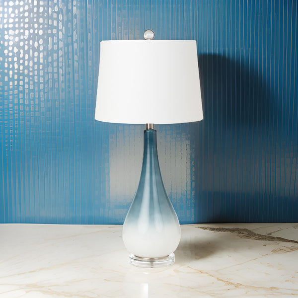 Homeroots Set Of Two 31" Blue And White Glass Table Lamps With White Empire Shade   488343