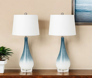 Homeroots Set Of Two 31" Blue And White Glass Table Lamps With White Empire Shade   488343