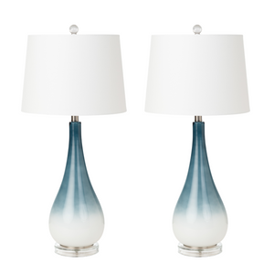 Homeroots Set Of Two 31" Blue And White Glass Table Lamps With White Empire Shade   488343