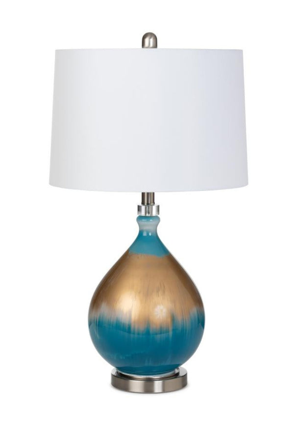 HomeRoots Set of Two 27" Ombre Blue and Gold Glass Table Lamps with Elegant White Shades for Any Room 488344