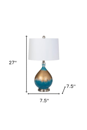 HomeRoots Set of Two 27" Ombre Blue and Gold Glass Table Lamps with Elegant White Shades for Any Room 488344