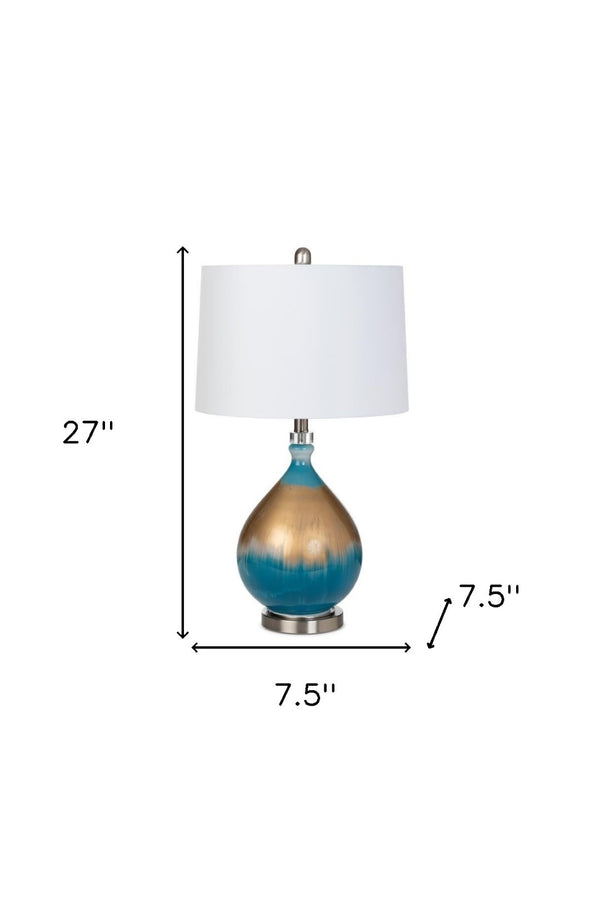 HomeRoots Set of Two 27" Ombre Blue and Gold Glass Table Lamps with Elegant White Shades for Any Room 488344