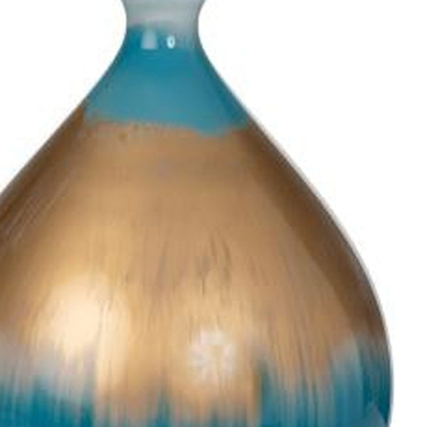 HomeRoots Set of Two 27" Ombre Blue and Gold Glass Table Lamps with Elegant White Shades for Any Room 488344