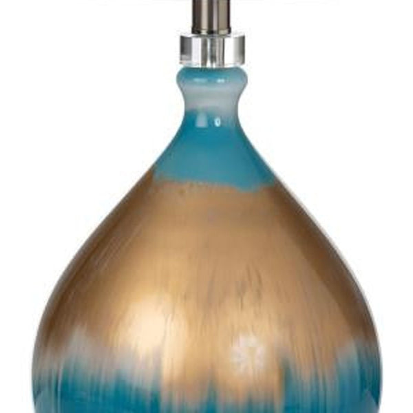 HomeRoots Set of Two 27" Ombre Blue and Gold Glass Table Lamps with Elegant White Shades for Any Room 488344