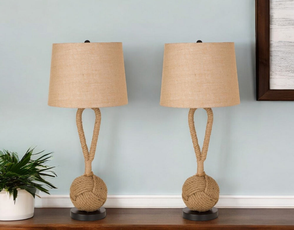 HomeRoots Set of Two 29" Coastal Rope Table Lamps with Natural Burlap Shades for Stylish Home Lighting 488348