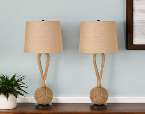 HomeRoots Set of Two 29" Coastal Rope Table Lamps with Natural Burlap Shades for Stylish Home Lighting 488348