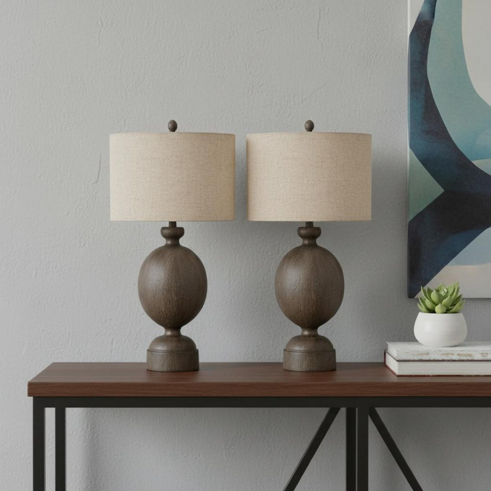 HomeRoots Set of Two 30" Brown Geometric Table Lamps with Beige Drum Shades for Stylish Home Décor Lighting 488353