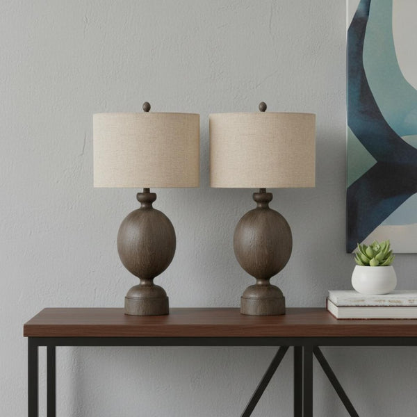 HomeRoots Set of Two 30" Brown Geometric Table Lamps with Beige Drum Shades for Stylish Home Décor Lighting 488353