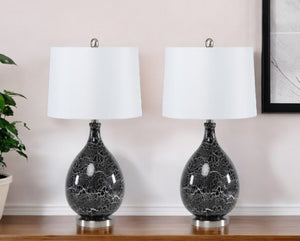 HomeRoots Set of Two 28" Gray Glass Geometric Table Lamps with Crisp White Empire Shade for Modern Décor 488354
