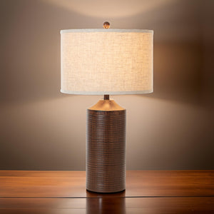 HomeRoots Set of Two 31" Distressed Brown Table Lamps with USB Ports & Beige Drum Shades for Stylish Lighting 488356