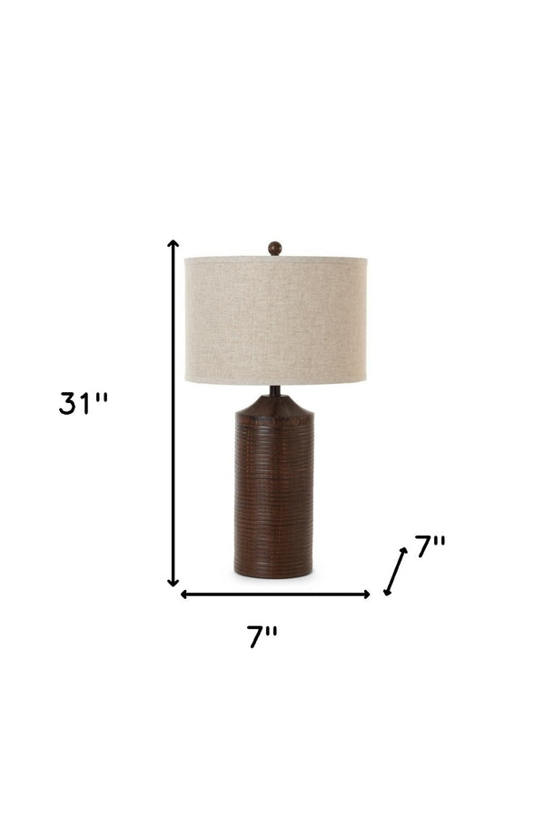 HomeRoots Set of Two 31" Distressed Brown Table Lamps with USB Ports & Beige Drum Shades for Stylish Lighting 488356