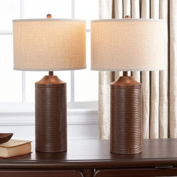 HomeRoots Set of Two 31" Distressed Brown Table Lamps with USB Ports & Beige Drum Shades for Stylish Lighting 488356