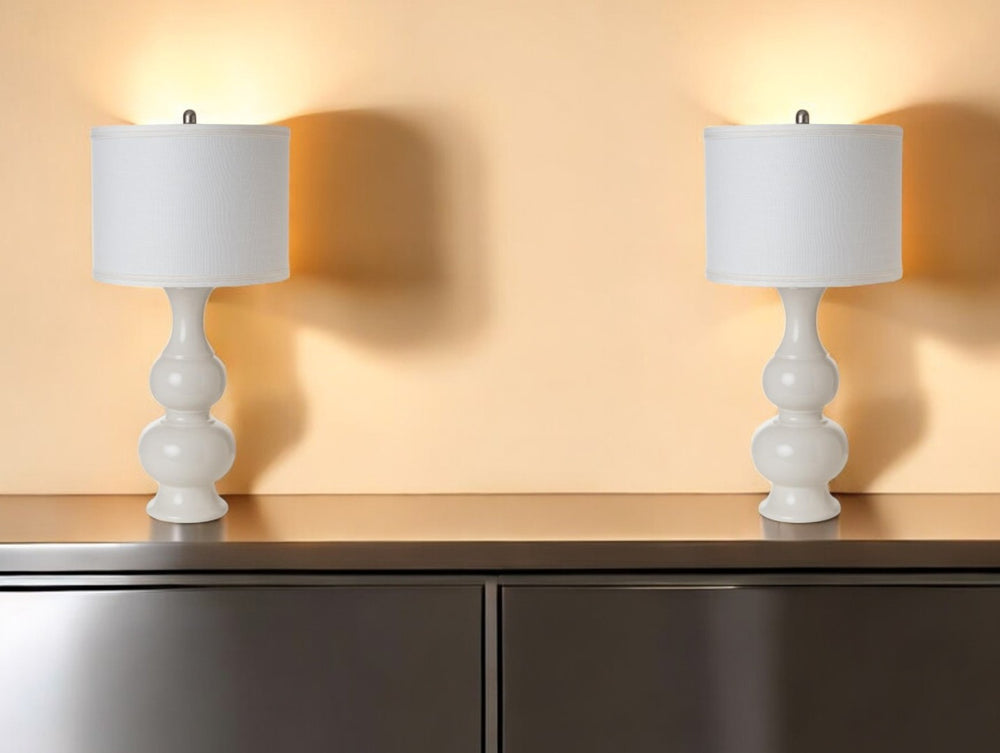 HomeRoots Set of Two 34" Off White Ceramic Gourd Table Lamps with Elegant Linen Shades for Modern Décor 488364